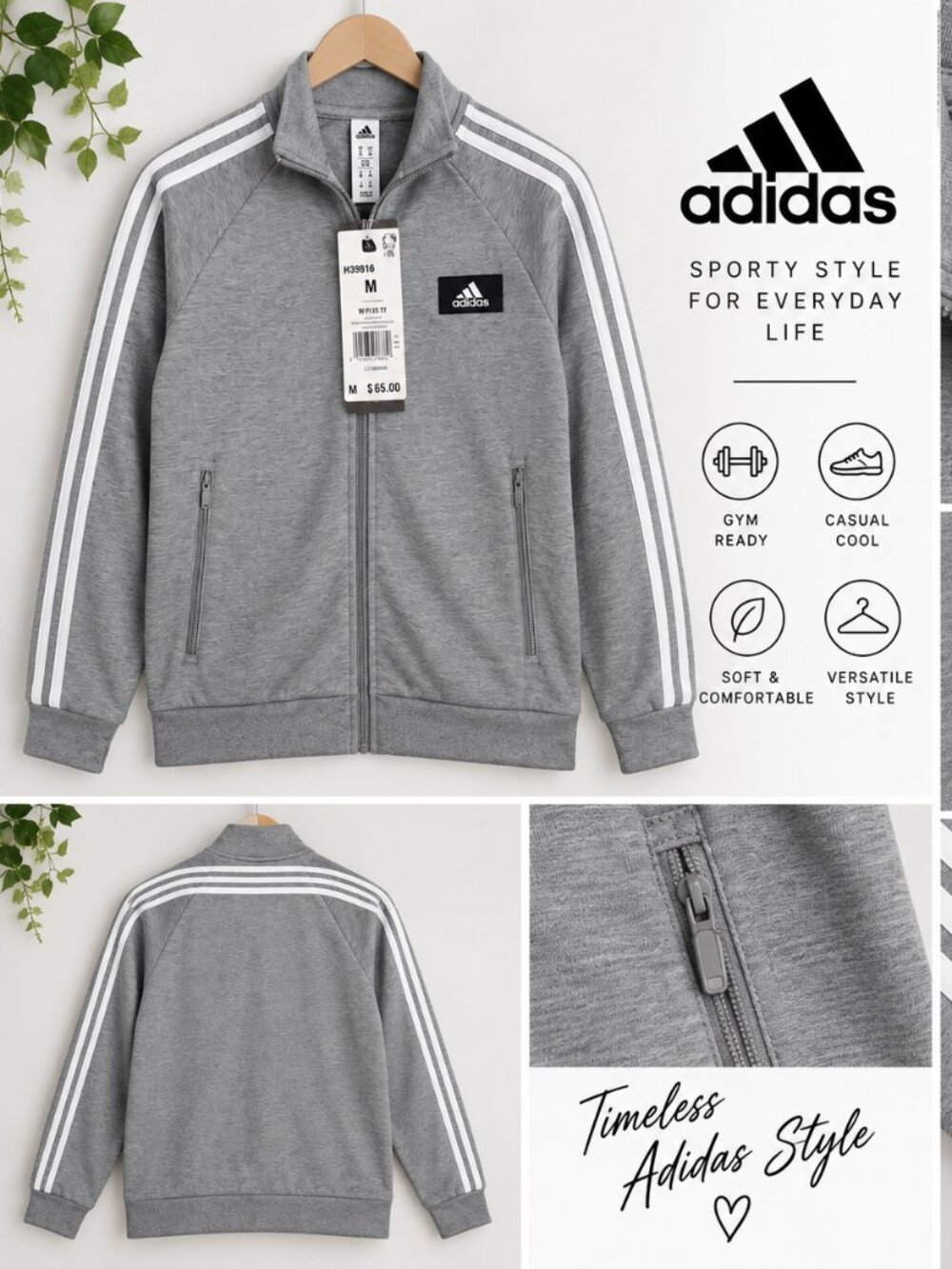 NWT Adidas Women’s 3-Stripes Track Jacket Gray White Size M